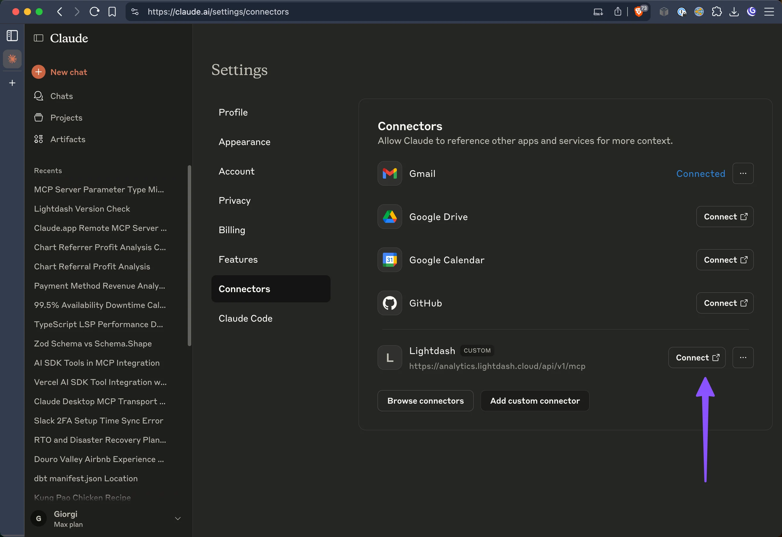 Click the Connect button to start OAuth authentication with Lightdash