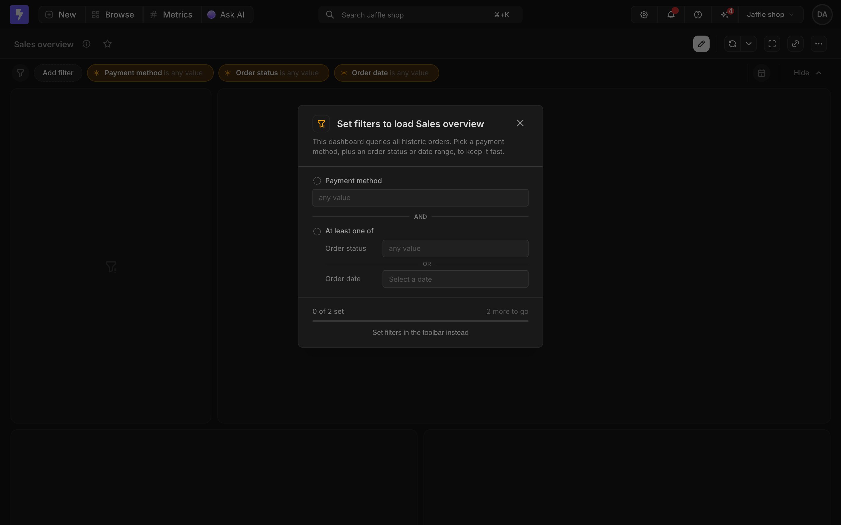 The guided setup card on the Sales overview dashboard, prompting viewers to set Payment method plus at least one of Order status or Order date, with locked tiles behind it
