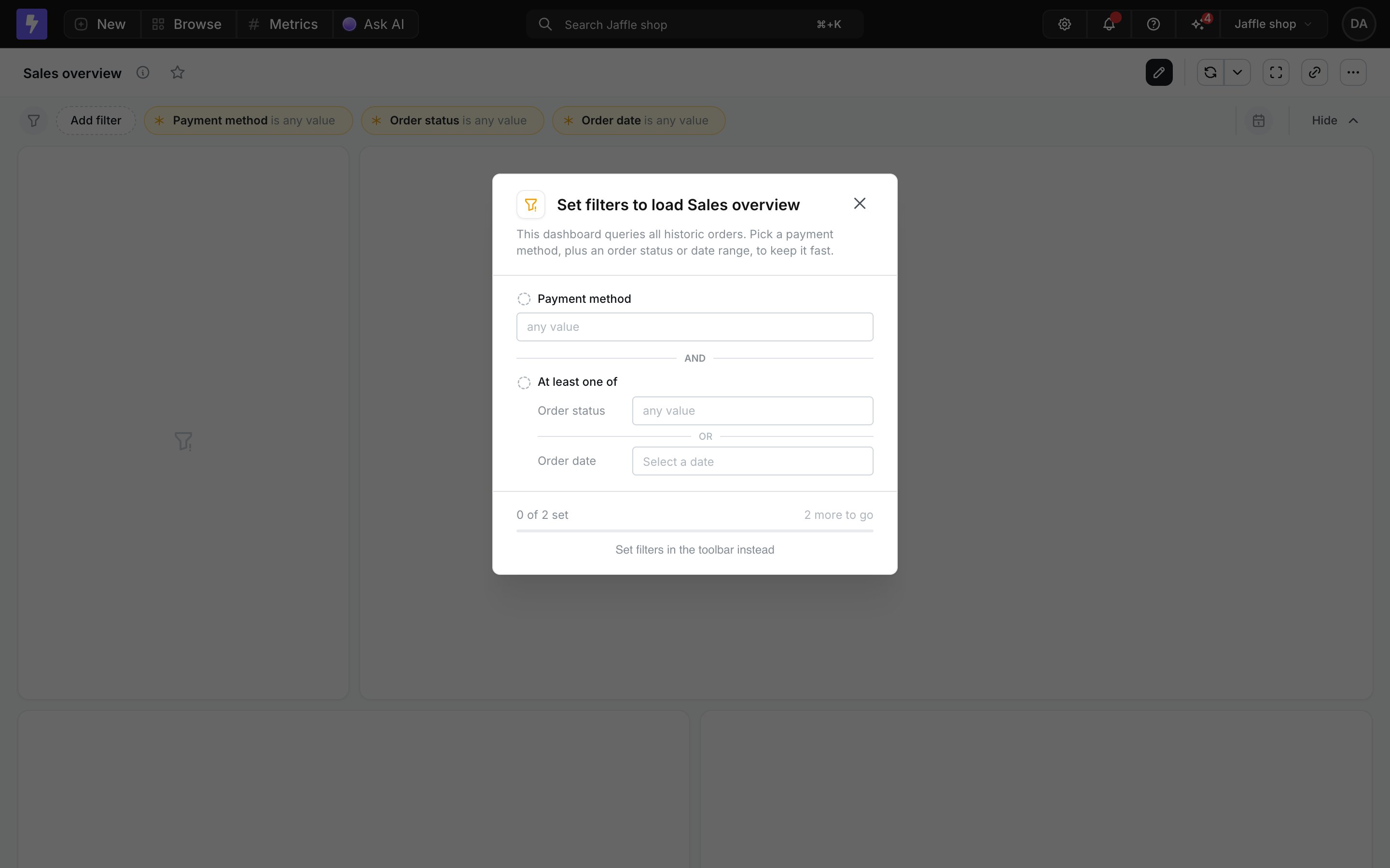 The guided setup card on the Sales overview dashboard, prompting viewers to set Payment method plus at least one of Order status or Order date, with locked tiles behind it