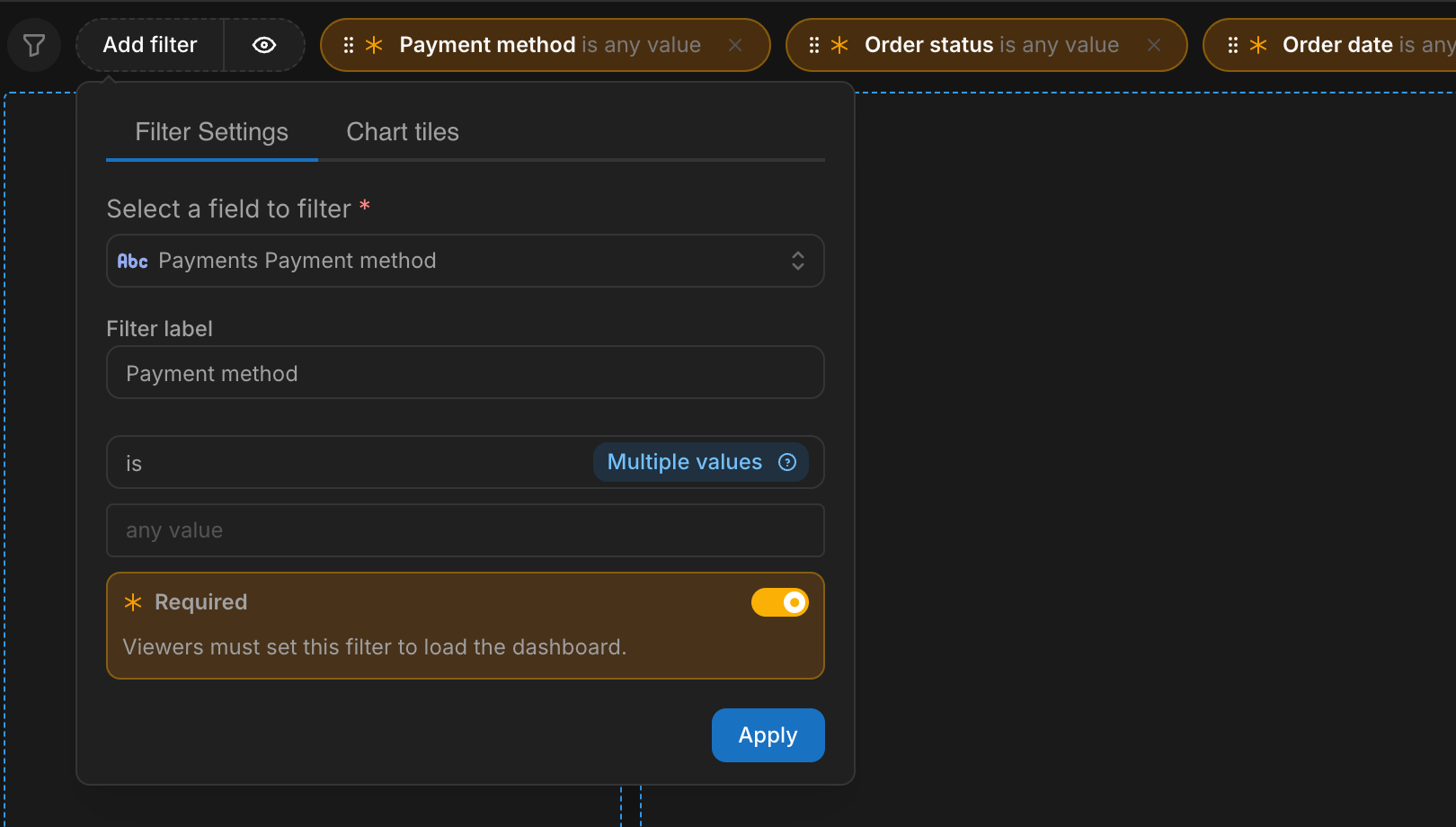A dashboard filter popover in edit mode with the Required toggle switched on for the Payment method filter