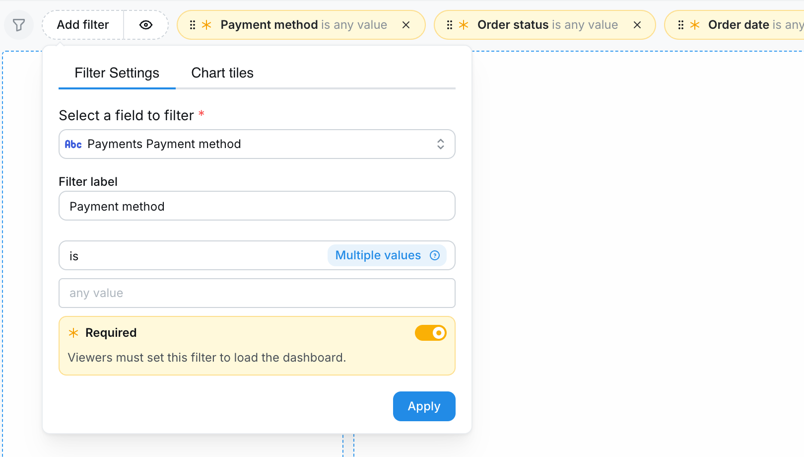 A dashboard filter popover in edit mode with the Required toggle switched on for the Payment method filter
