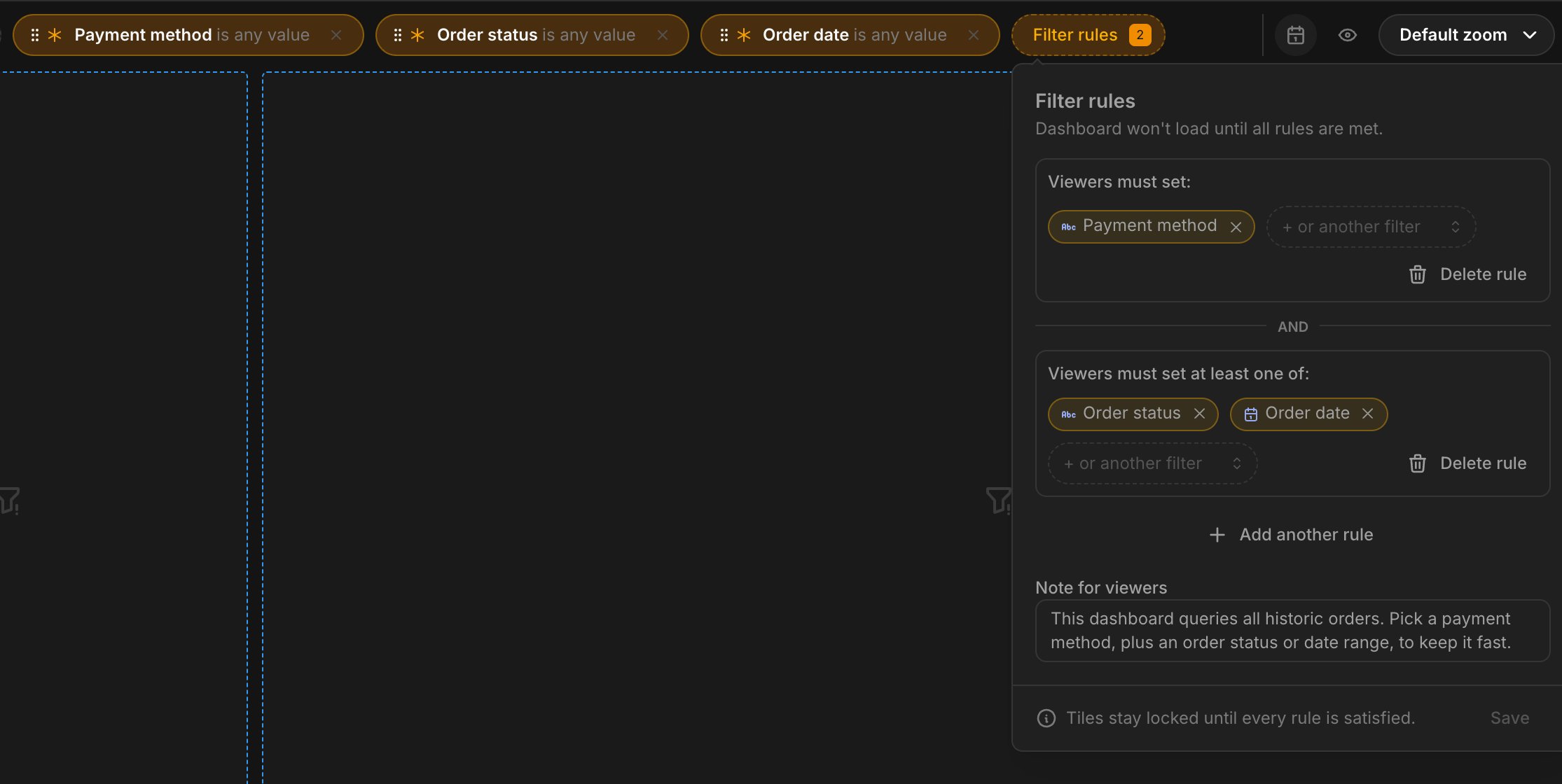 The Filter rules popover on the Sales overview dashboard, showing a required Payment method filter and an at-least-one-of group with Order status and Order date
