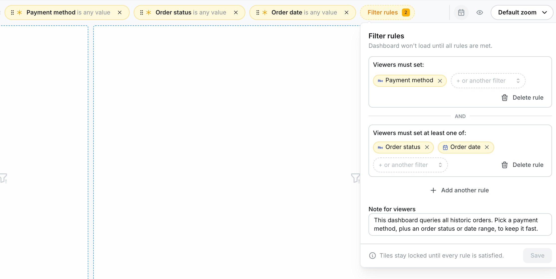 The Filter rules popover on the Sales overview dashboard, showing a required Payment method filter and an at-least-one-of group with Order status and Order date
