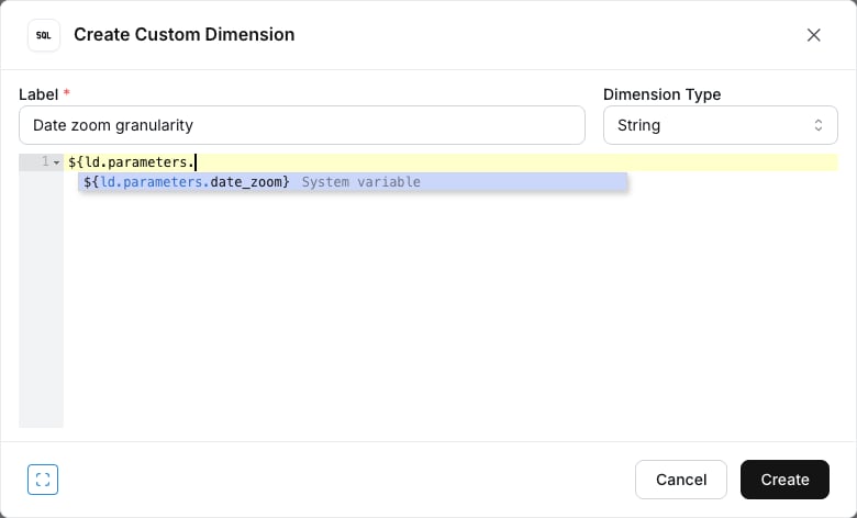 Custom SQL autocomplete showing the date_zoom reserved parameter labelled as a System variable
