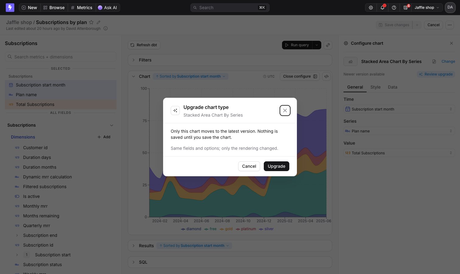 The Upgrade chart type dialog over the Explorer, listing what changed since the chart's version