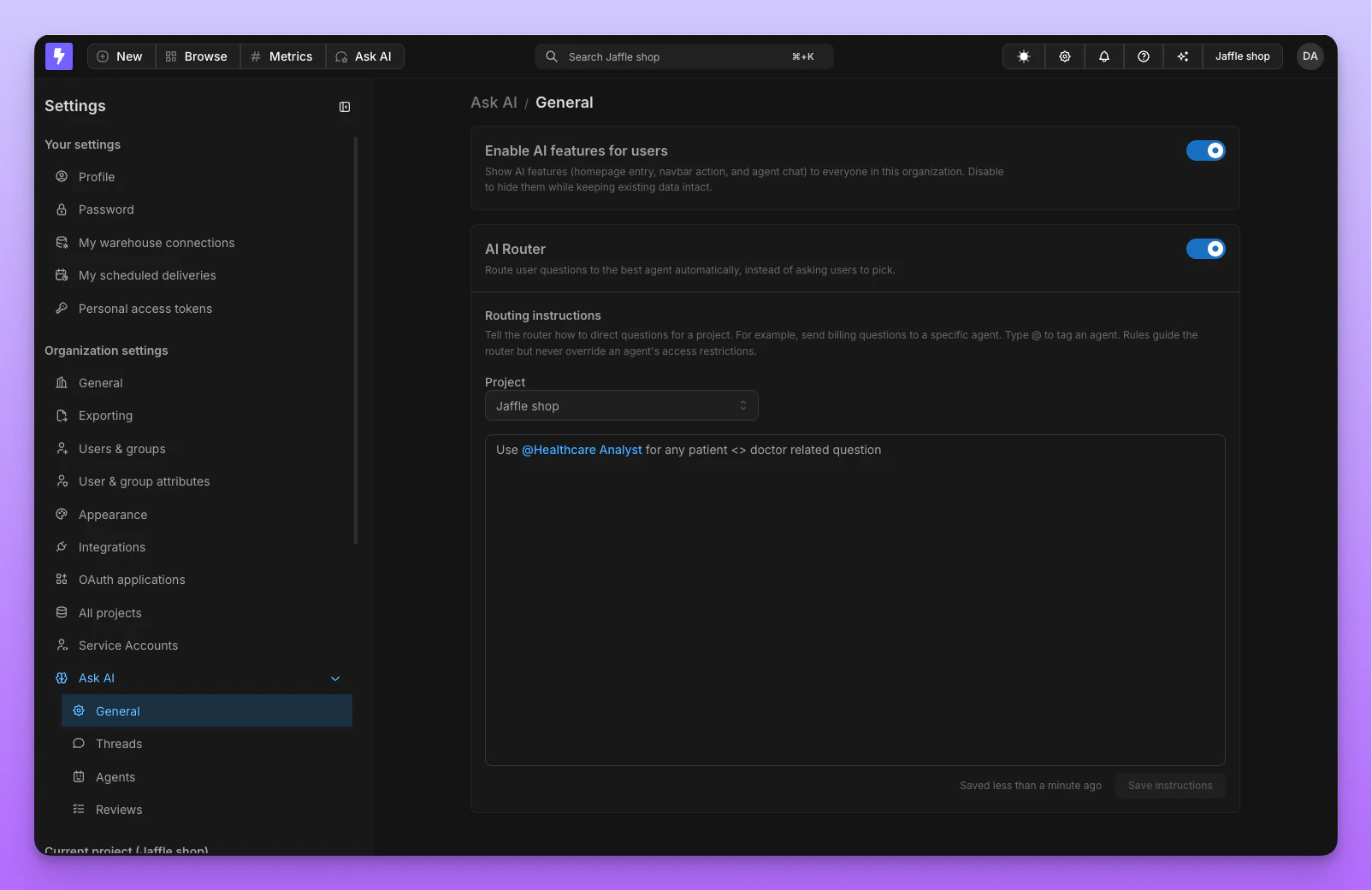 AI Router toggle in Ask AI general settings