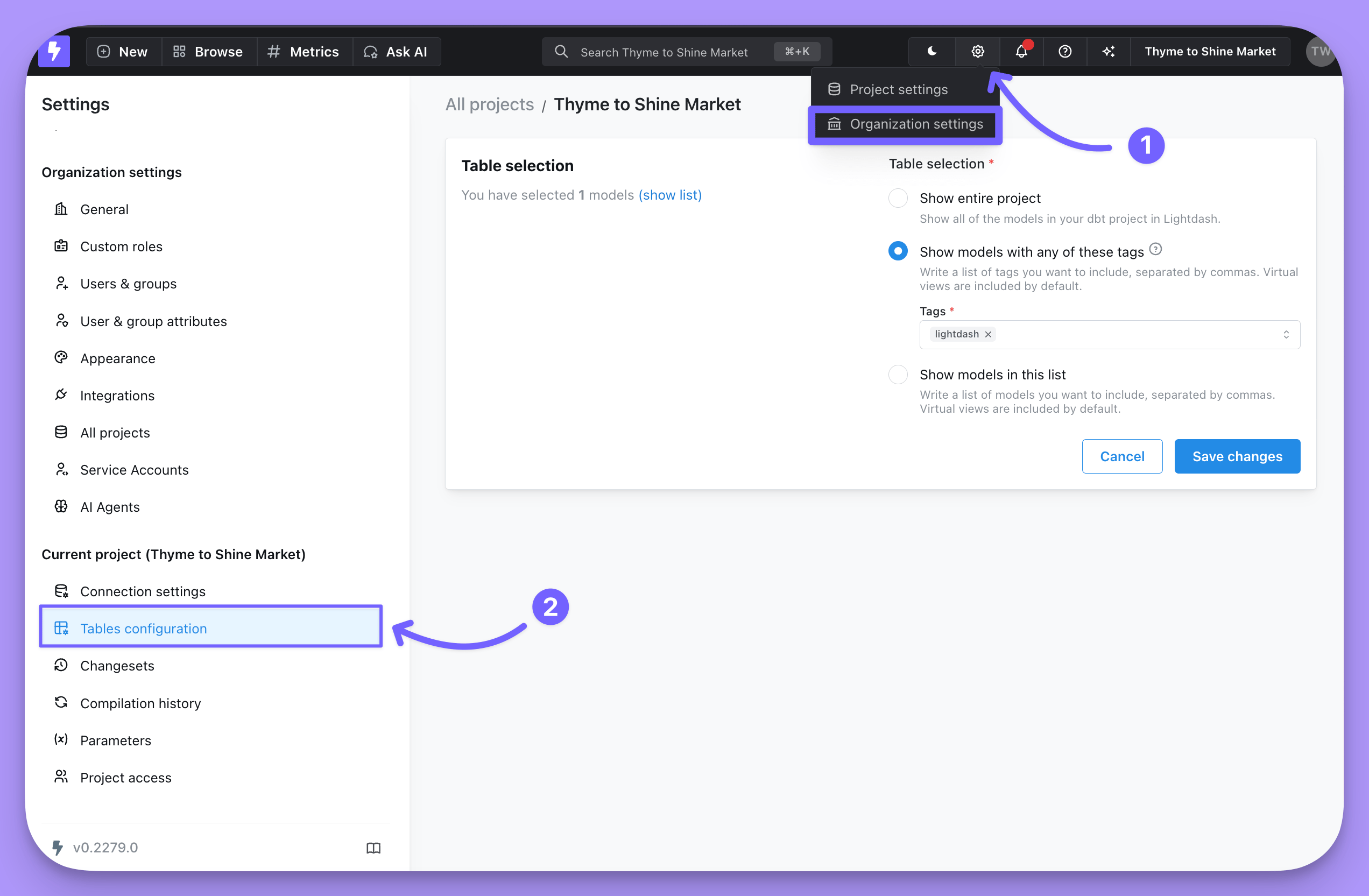 Tables configuration in Lightdash project settings