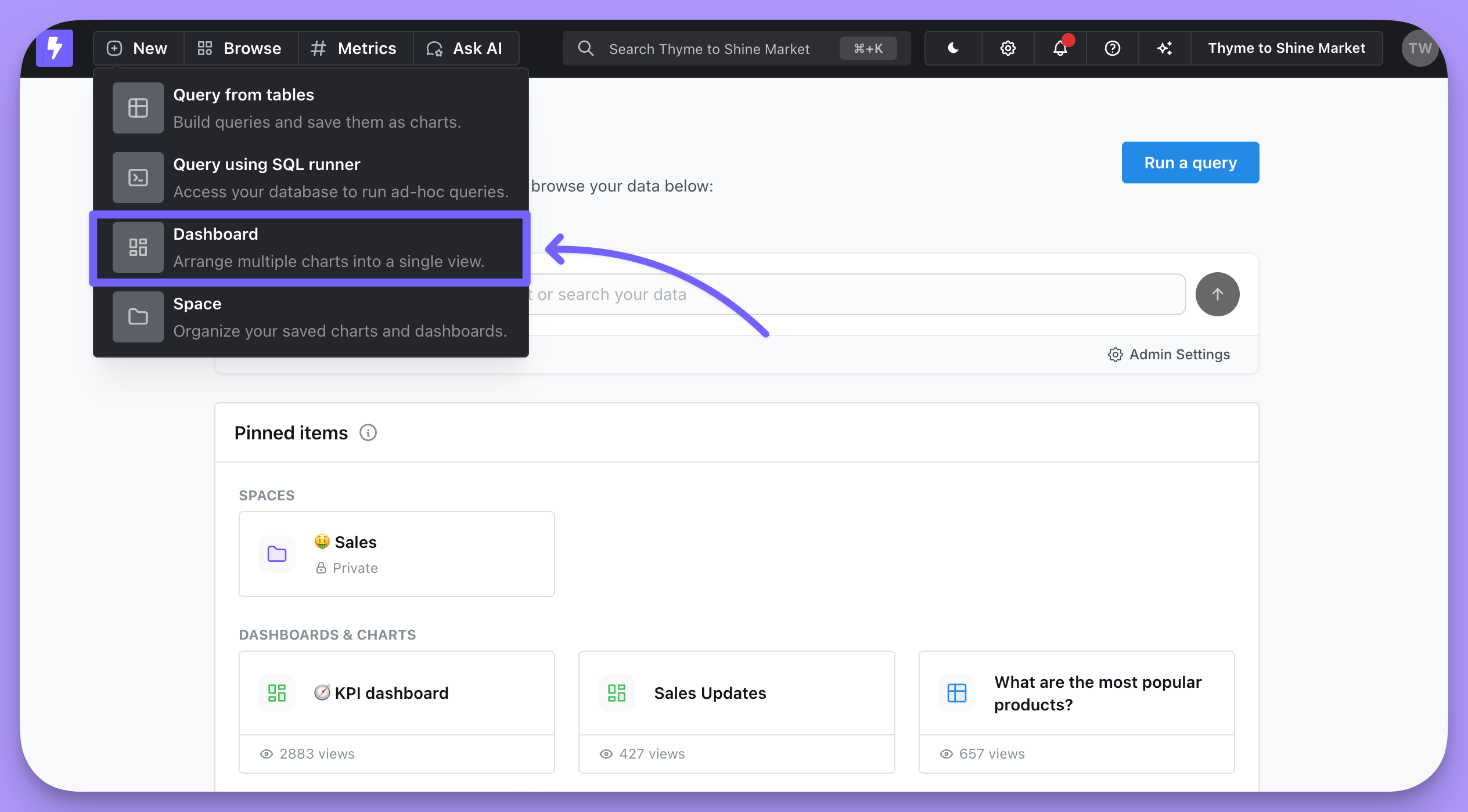 The New menu in the nav bar with the Dashboard option