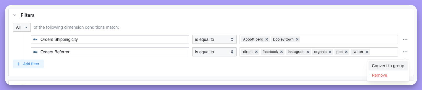 Converting a filter into a filter group