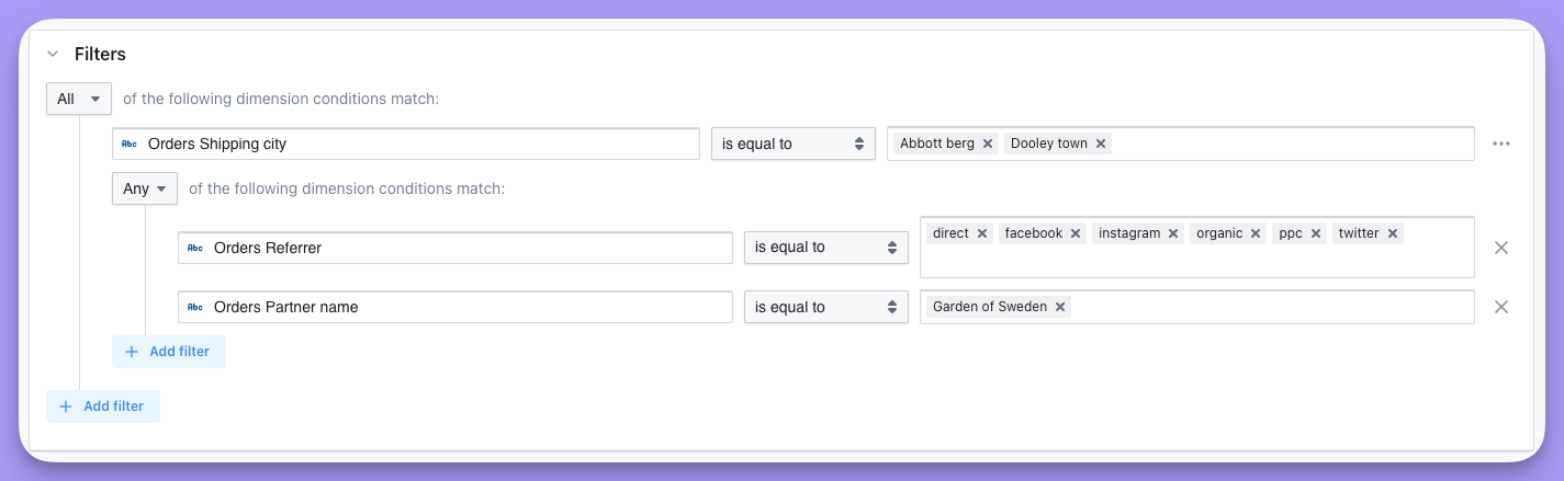 A nested filter group with two conditions