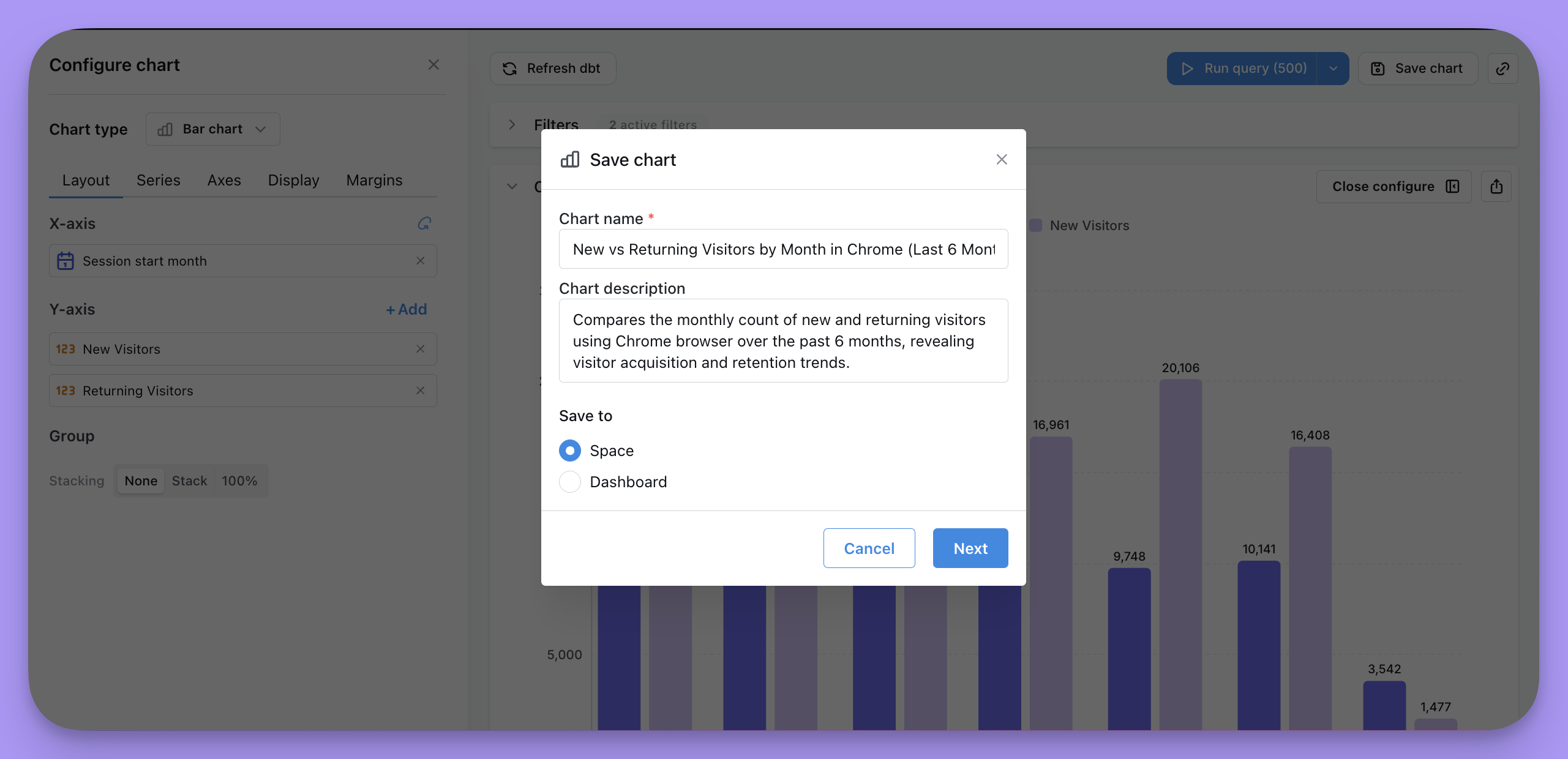 The Save chart button in the Explore view