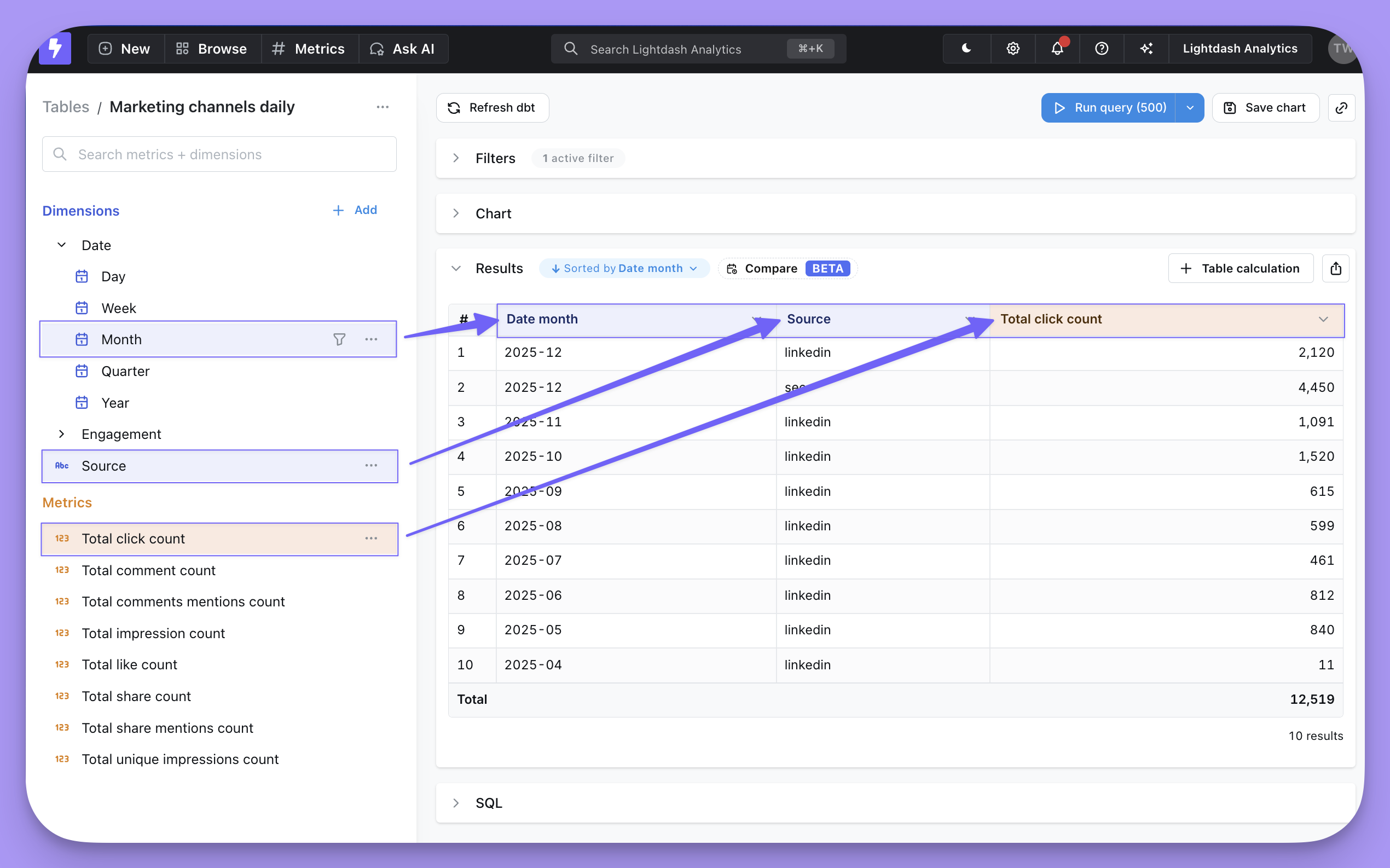 Selecting a metric and two dimensions in the Explore sidebar
