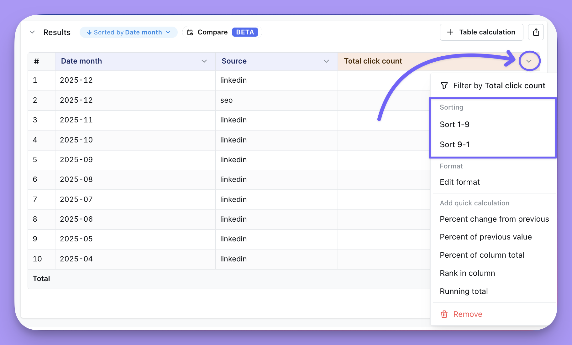 Sorting the results table by a column header