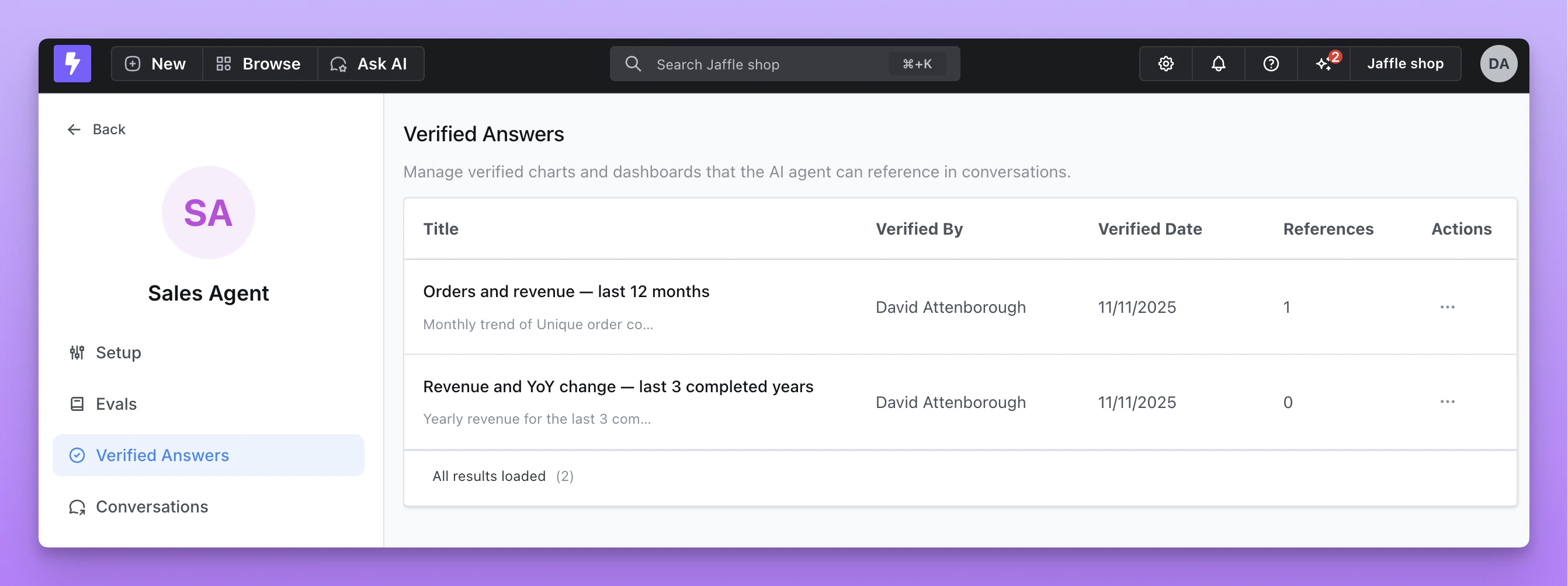 Verified answers management interface