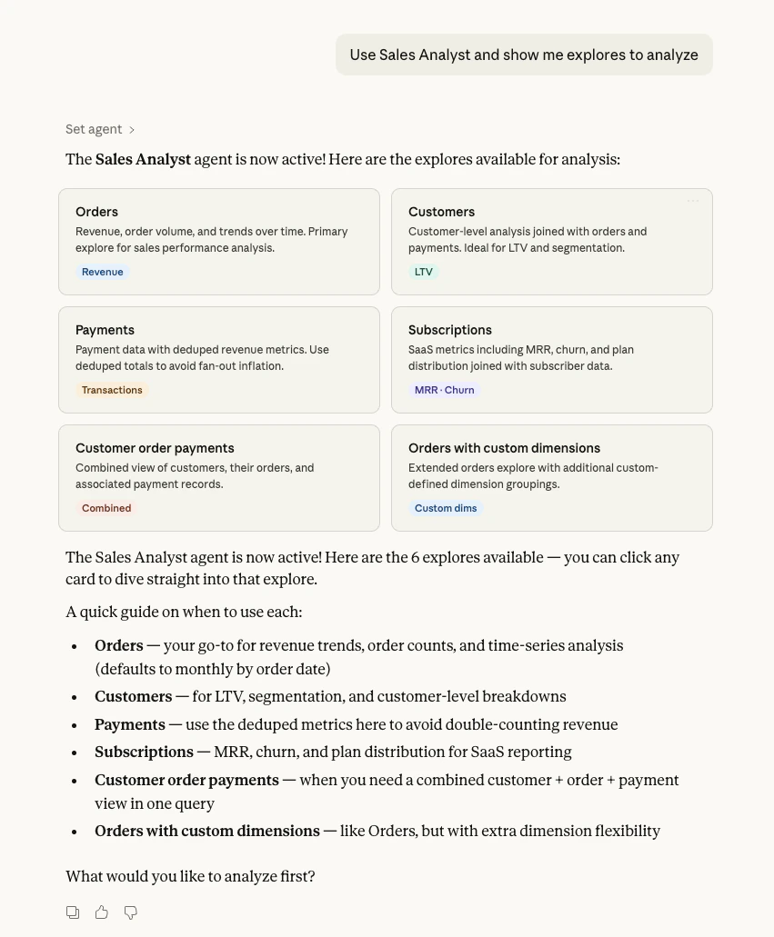 Setting an AI agent and viewing its available explores