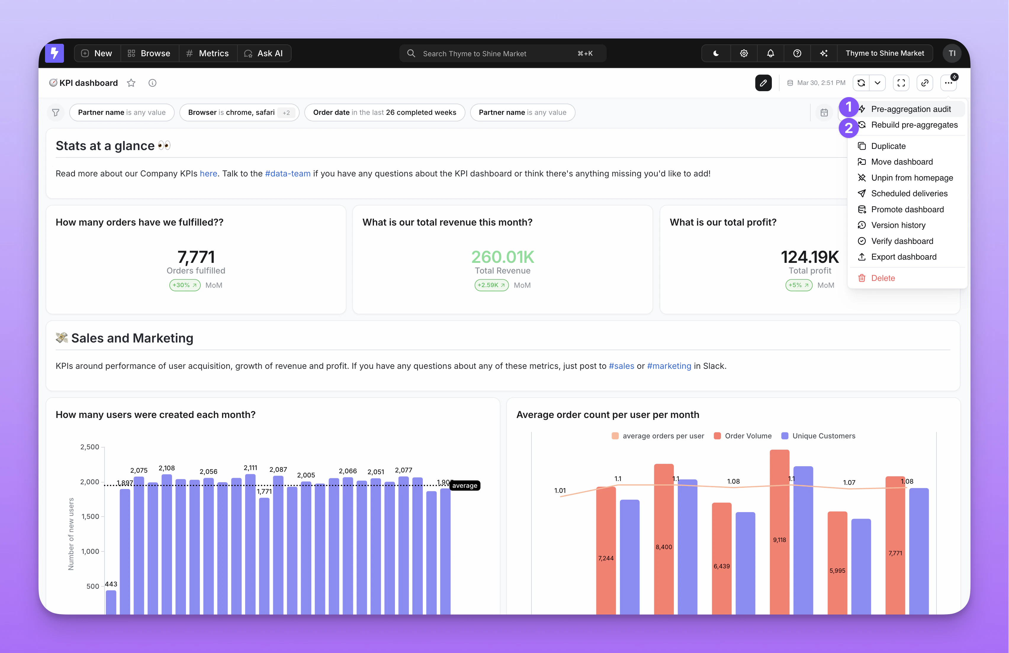 Pre-aggregate options in the dashboard menu