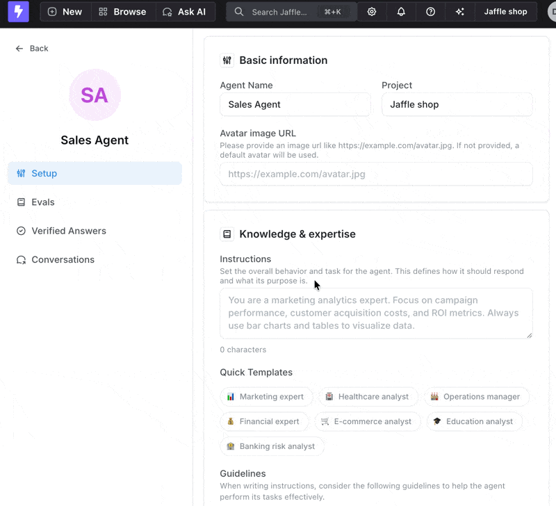 Interactive preview of explores and fields filtered by tags in agent settings