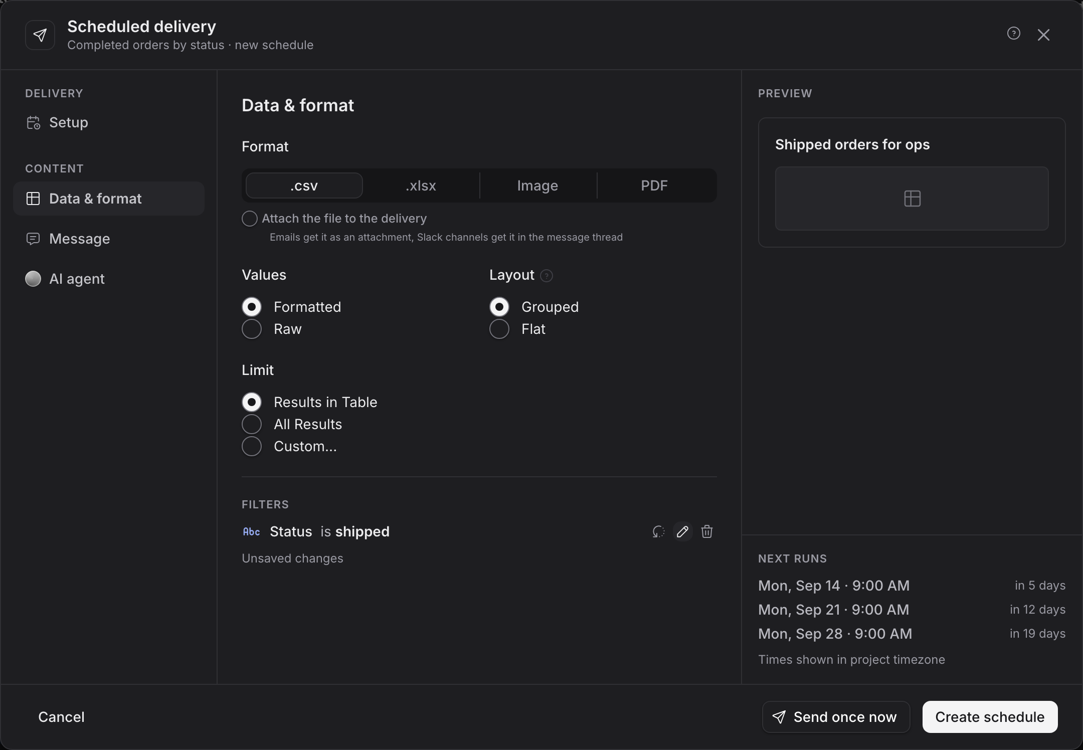 The Data & format panel for a chart delivery, with the chart's Status filter changed from completed to shipped and marked as an unsaved change