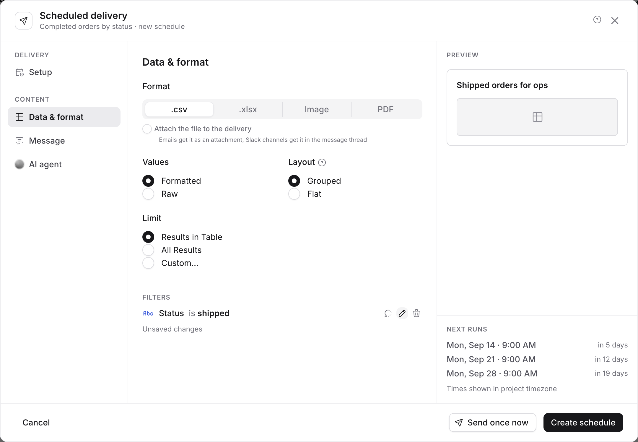 The Data & format panel for a chart delivery, with the chart's Status filter changed from completed to shipped and marked as an unsaved change