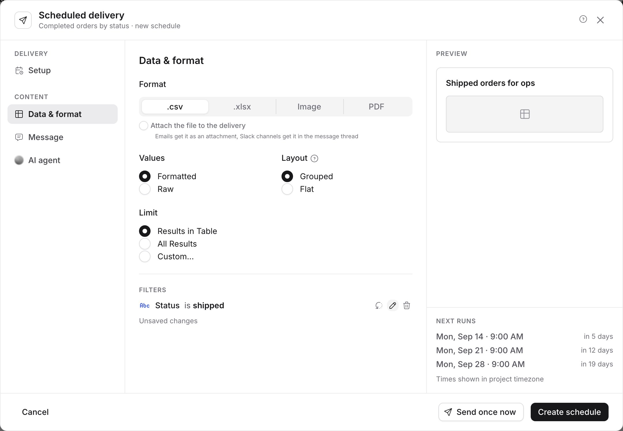 The Data & format panel for a chart delivery, with the chart's Status filter changed from completed to shipped and marked as an unsaved change
