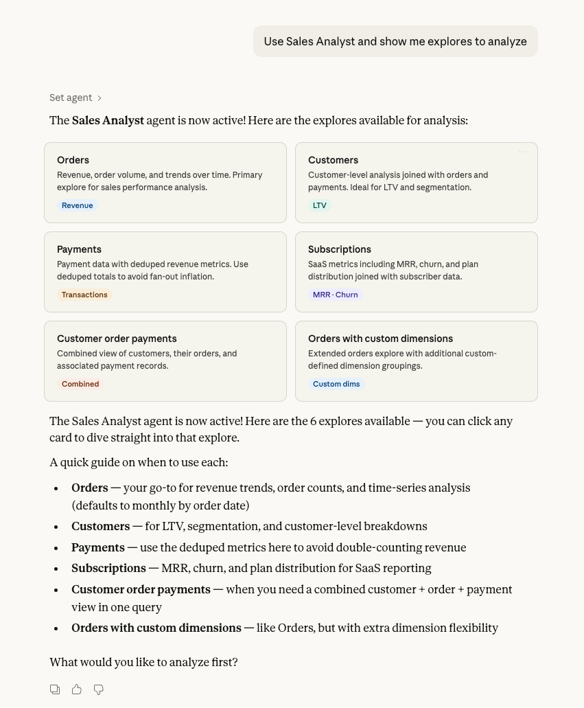 Setting an AI agent and viewing its available explores