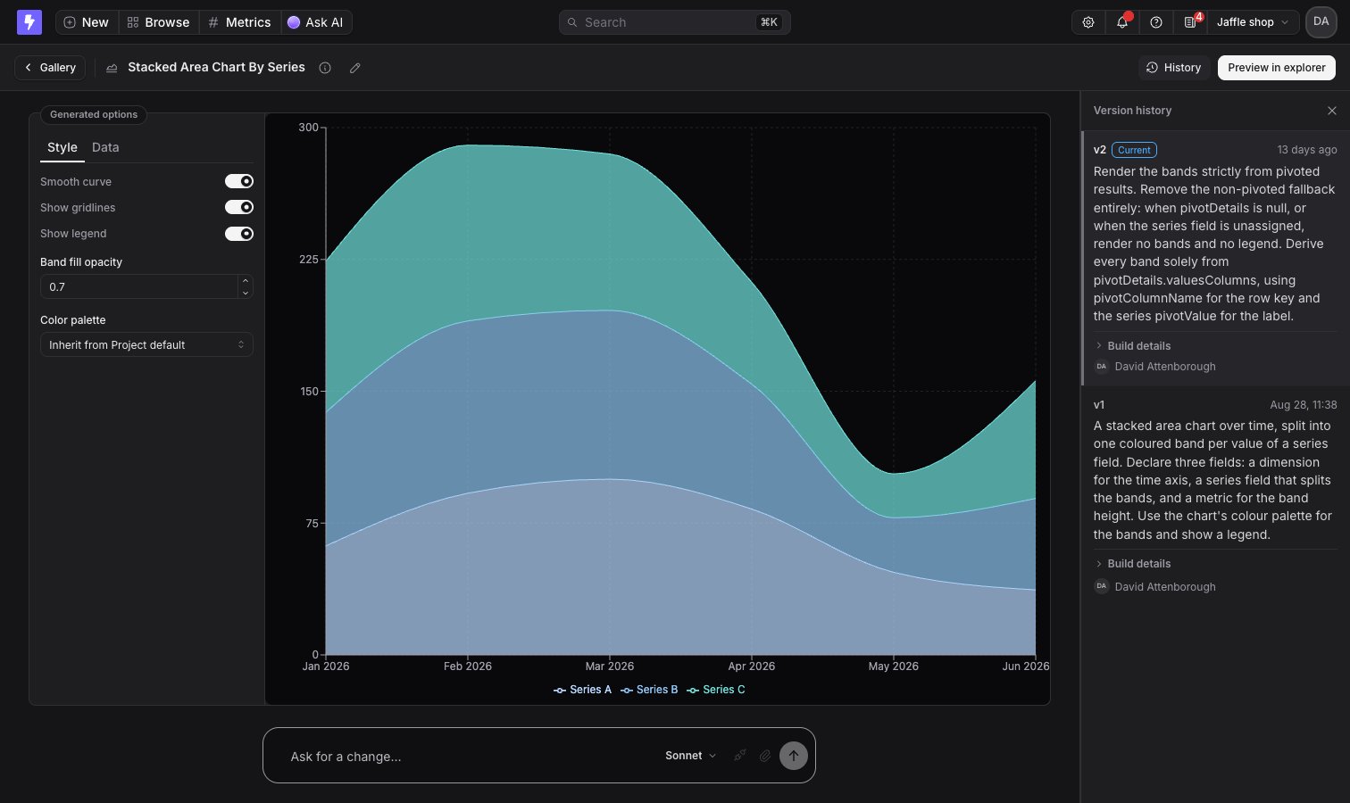 The chart type builder, with the generated options panel, the sample-data preview, the version history, and the prompt bar