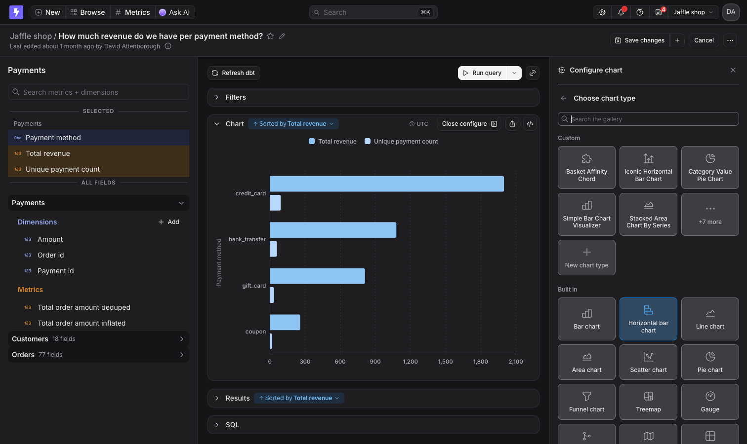 The Configure chart sidebar in the Explorer with the chart type gallery open, listing custom chart types above the built-in ones