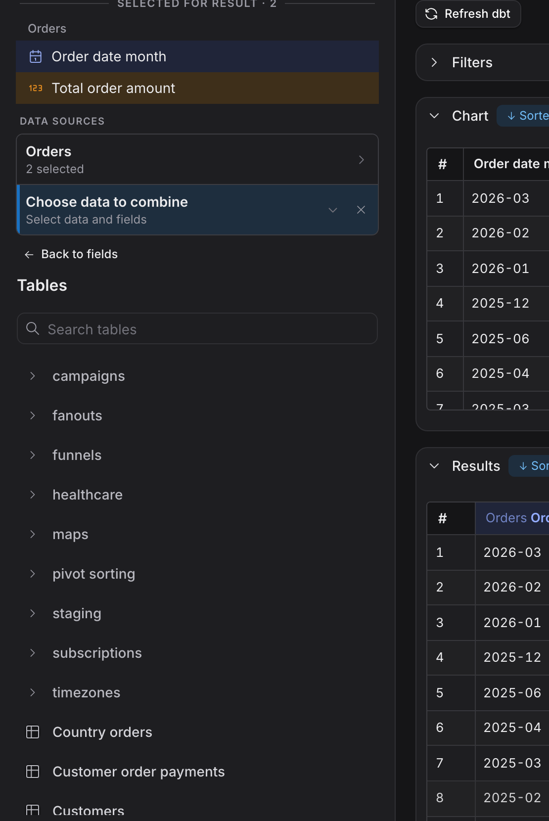 The Data sources panel listing Orders and a Choose data to combine card above a searchable table list