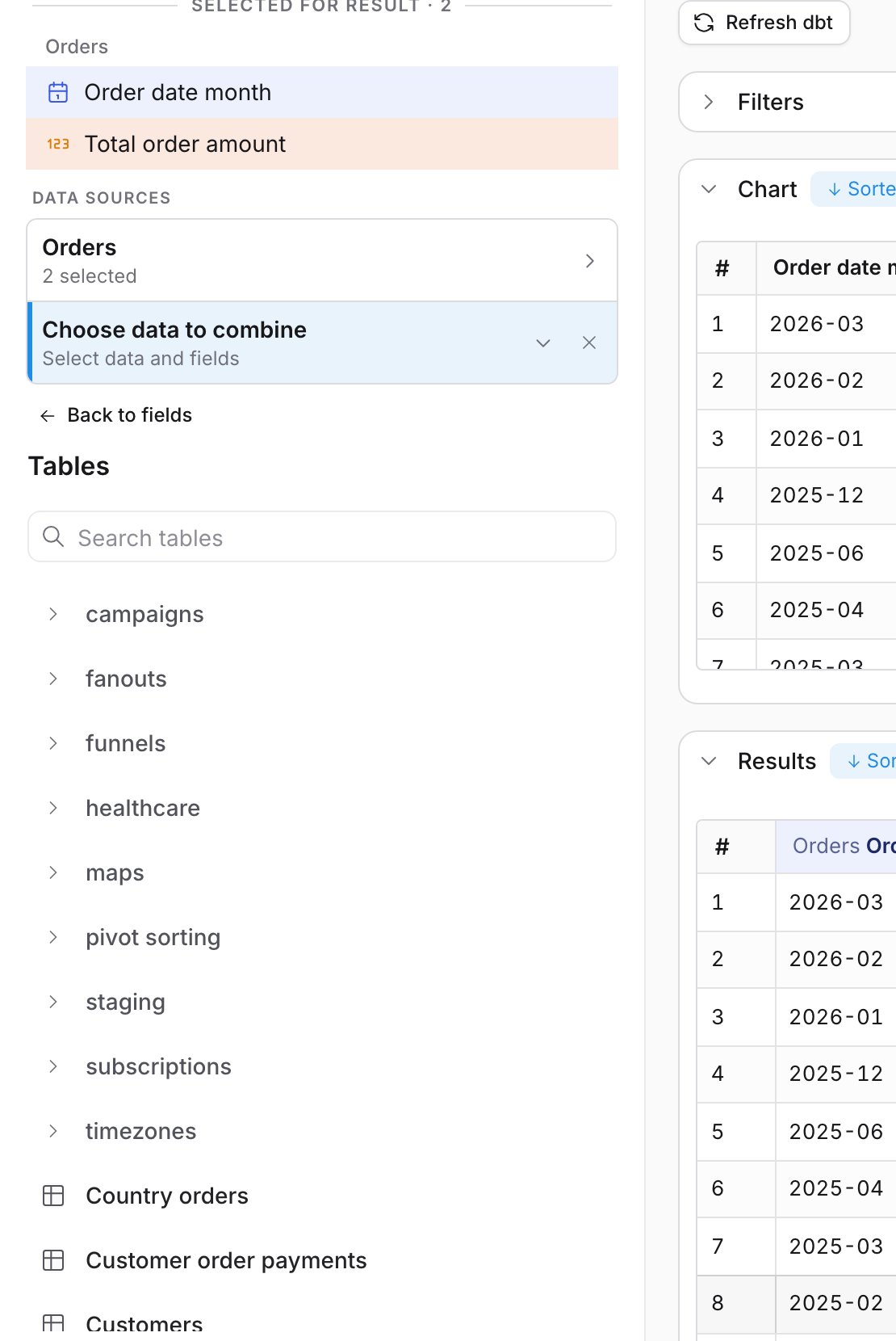 The Data sources panel listing Orders and a Choose data to combine card above a searchable table list
