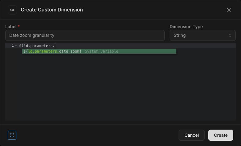 Custom SQL editor autocomplete listing ${ld.parameters.date_zoom} as a System variable