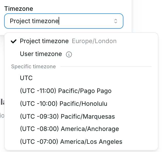 The Run query settings dropdown in Explore, showing the Timezone picker alongside Auto-fetch results and Row limit