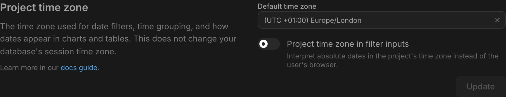 The Project time zone settings page with the Project time zone in filter inputs toggle