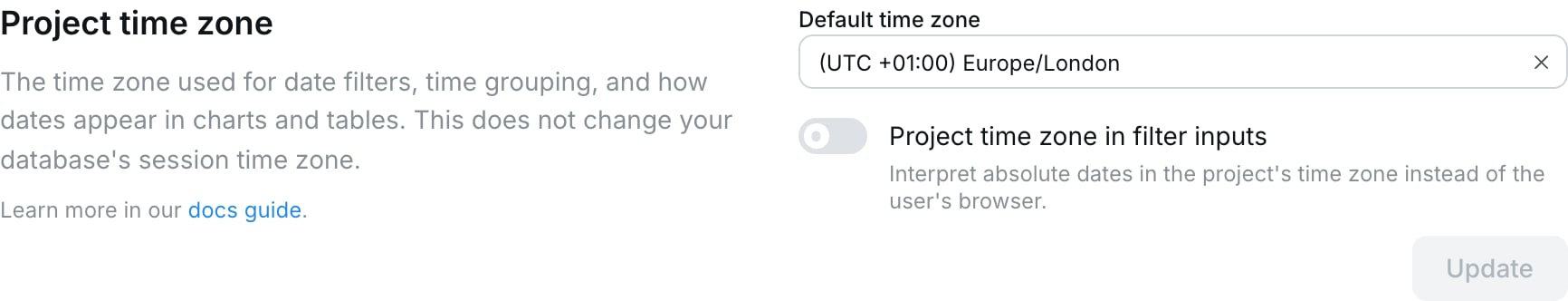 The Project time zone settings page with the Project time zone in filter inputs toggle
