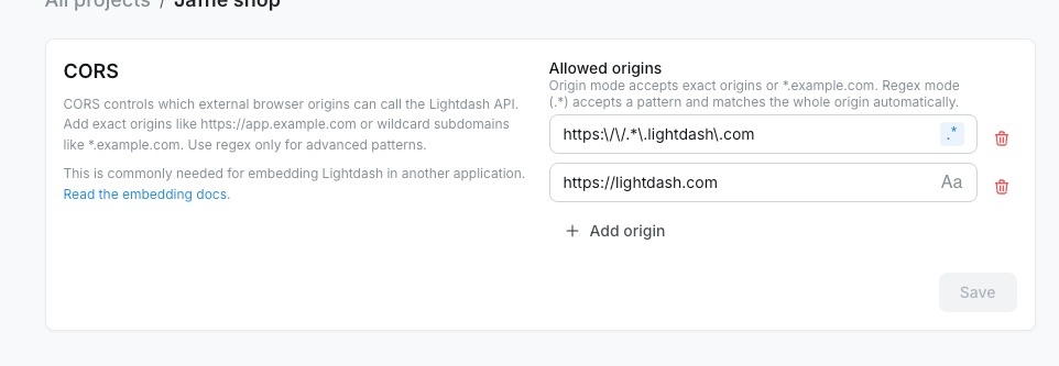 CORS settings panel showing regex and exact origin entries