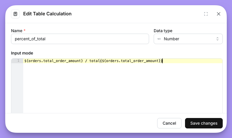 Edit Table Calculation dialog with a percent_of_total formula using total()