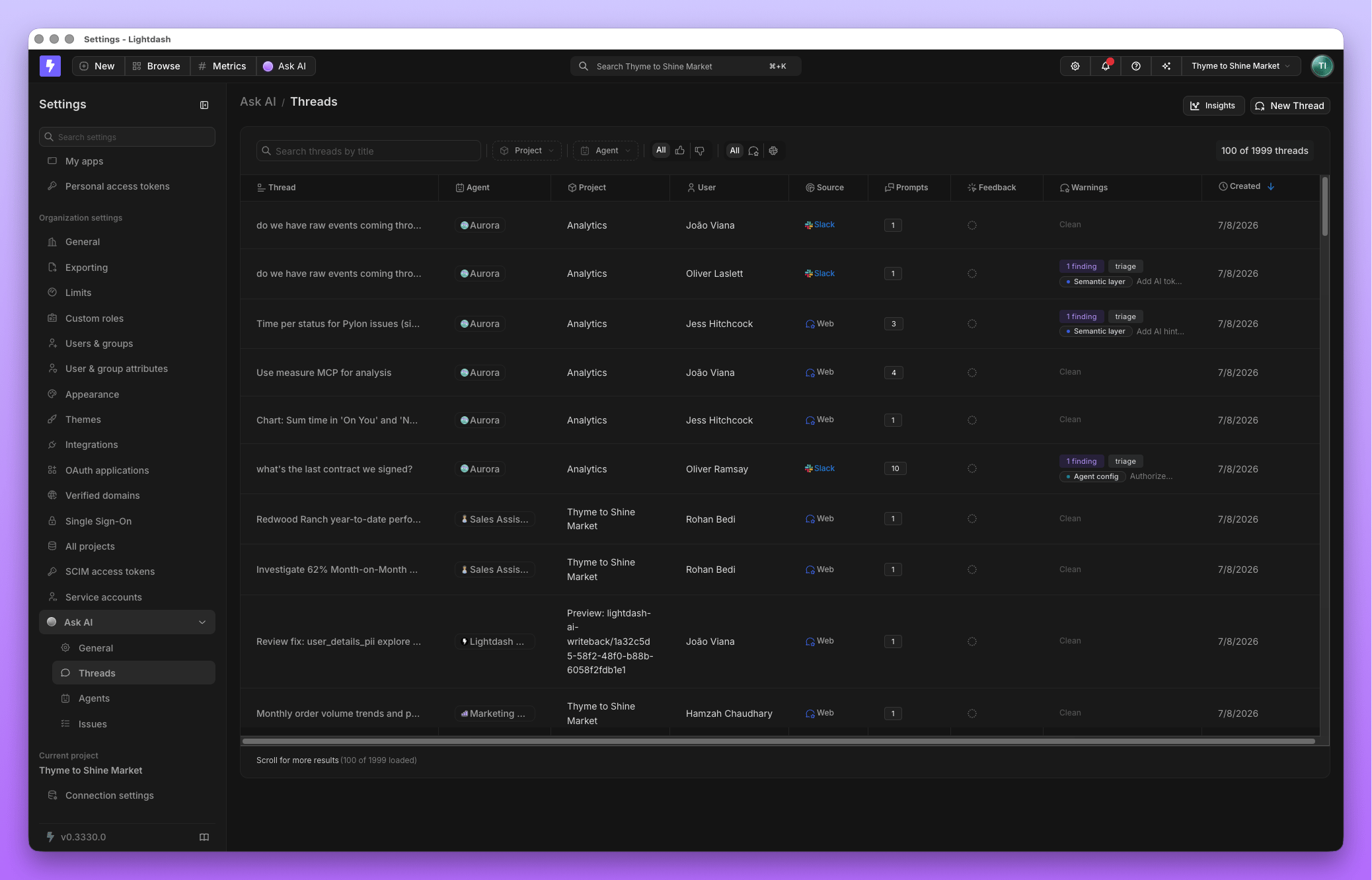 Threads tab in Ask AI settings showing a list of agent conversations across projects