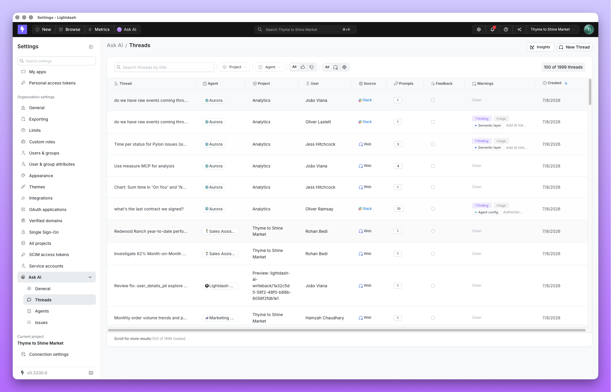 Threads tab in Ask AI settings showing a list of agent conversations across projects