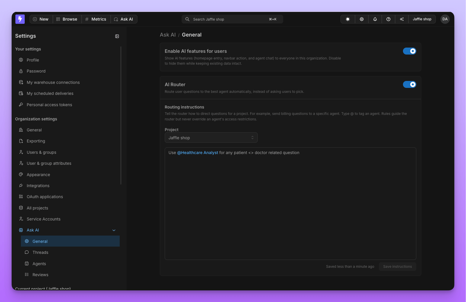 AI Router toggle in Ask AI general settings