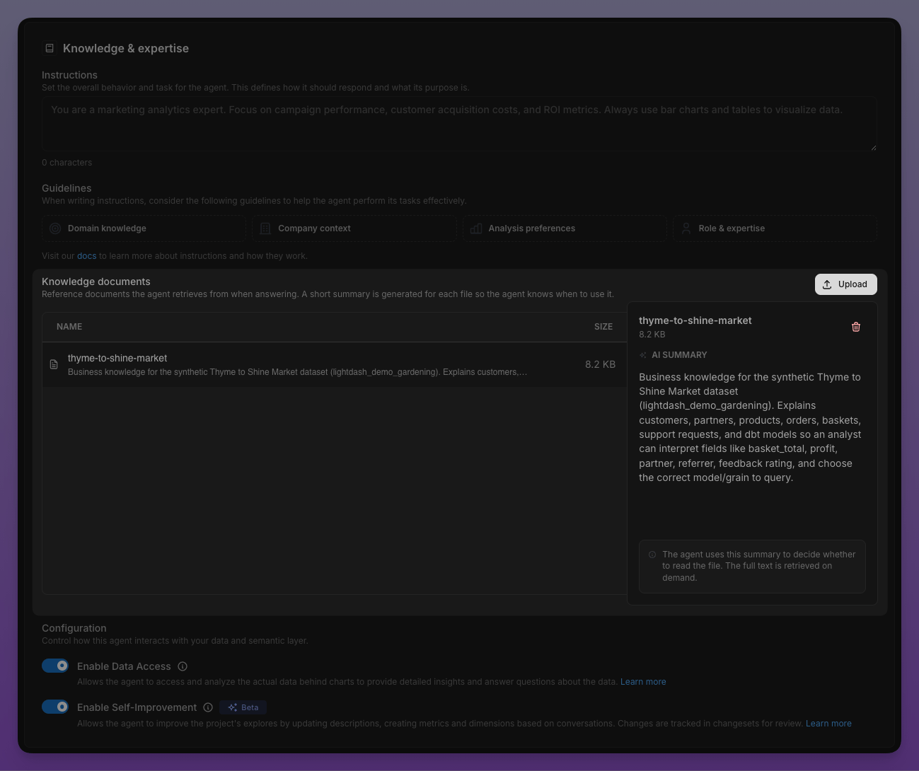 Knowledge documents section in agent settings