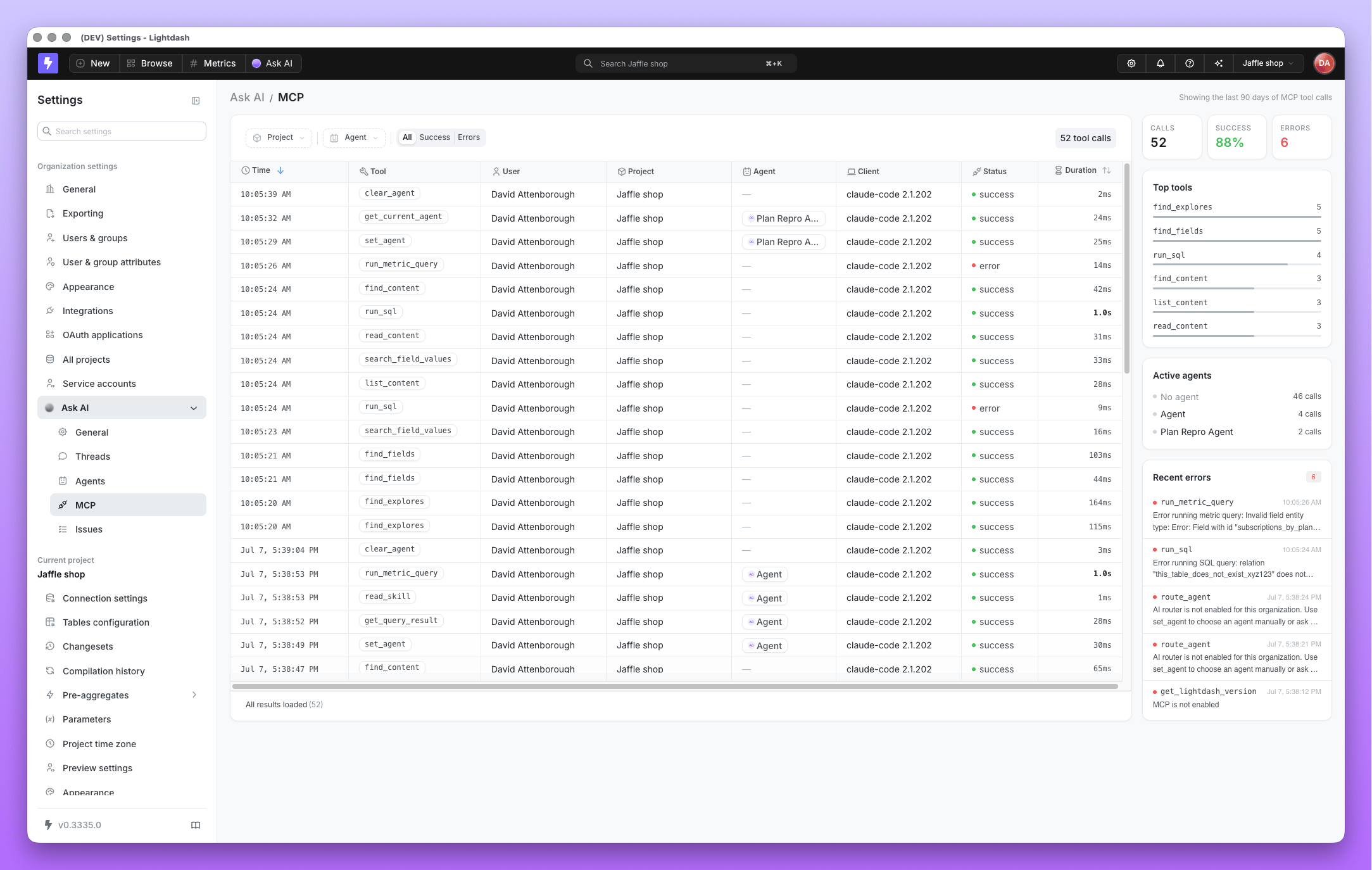 MCP activity feed showing a list of tool calls with tool name, agent, status, and duration columns