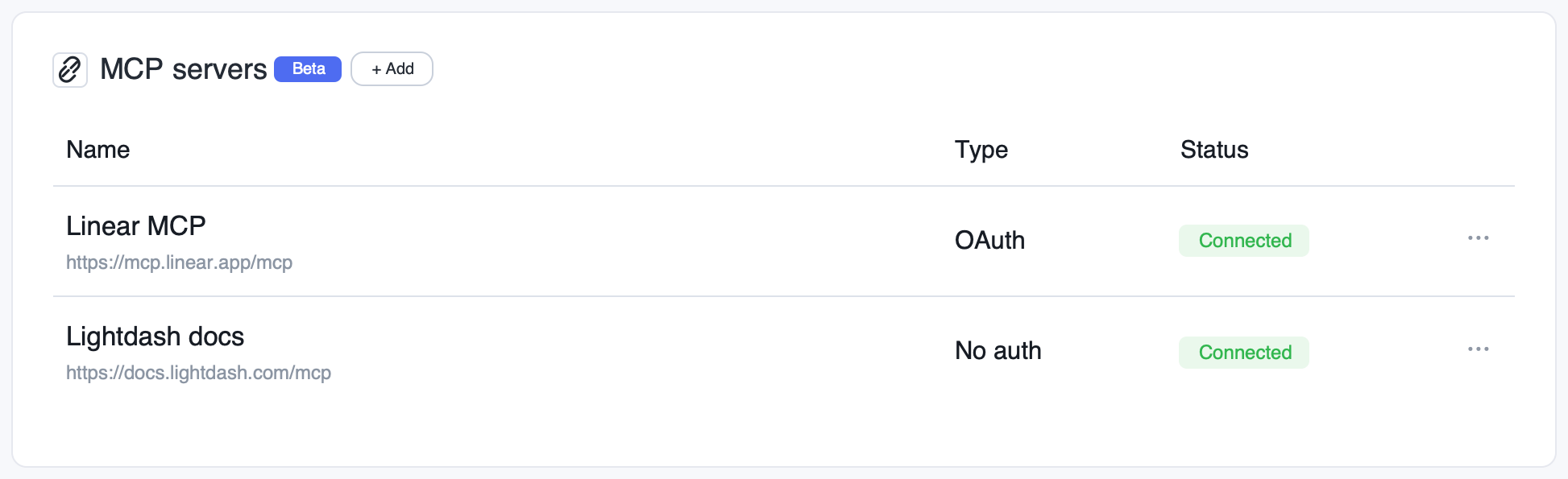 MCP servers list in project settings showing a Linear MCP server with OAuth and a Lightdash docs server with no auth, both connected