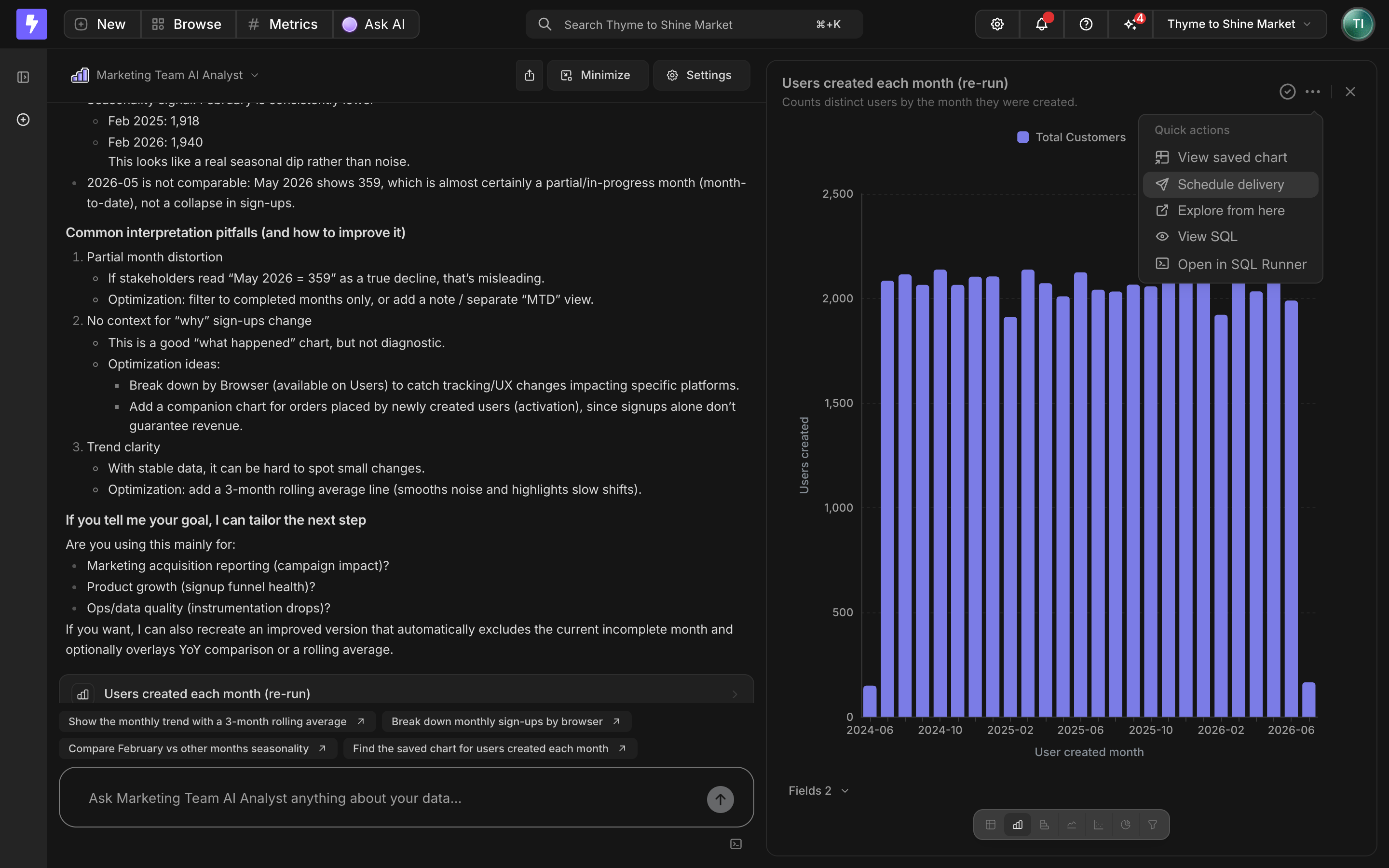 Schedule delivery quick action in an AI agent conversation