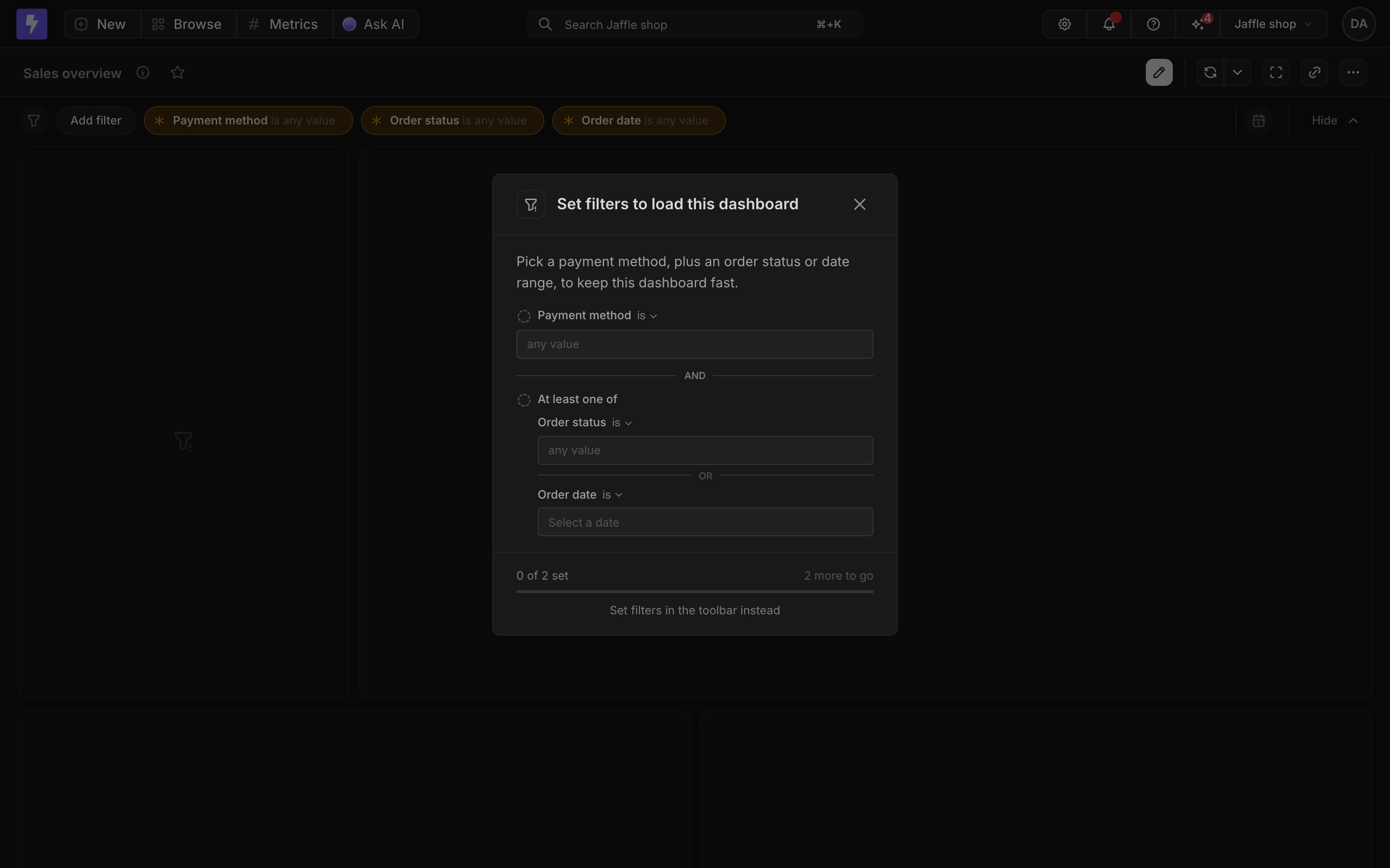 The guided setup card on the Sales overview dashboard, prompting viewers to set Payment method plus at least one of Order status or Order date, with locked tiles behind it