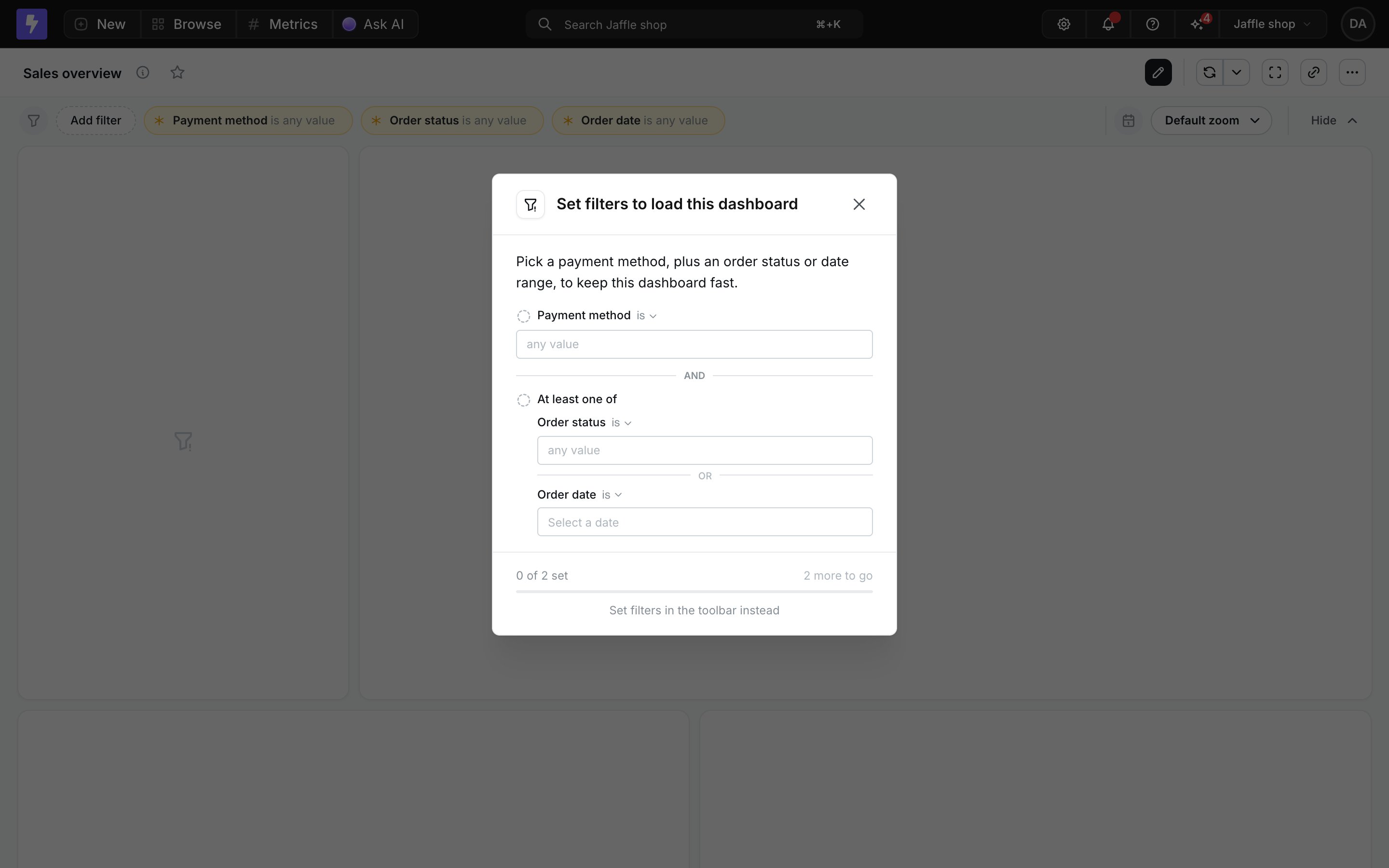 The guided setup card on the Sales overview dashboard, prompting viewers to set Payment method plus at least one of Order status or Order date, with locked tiles behind it