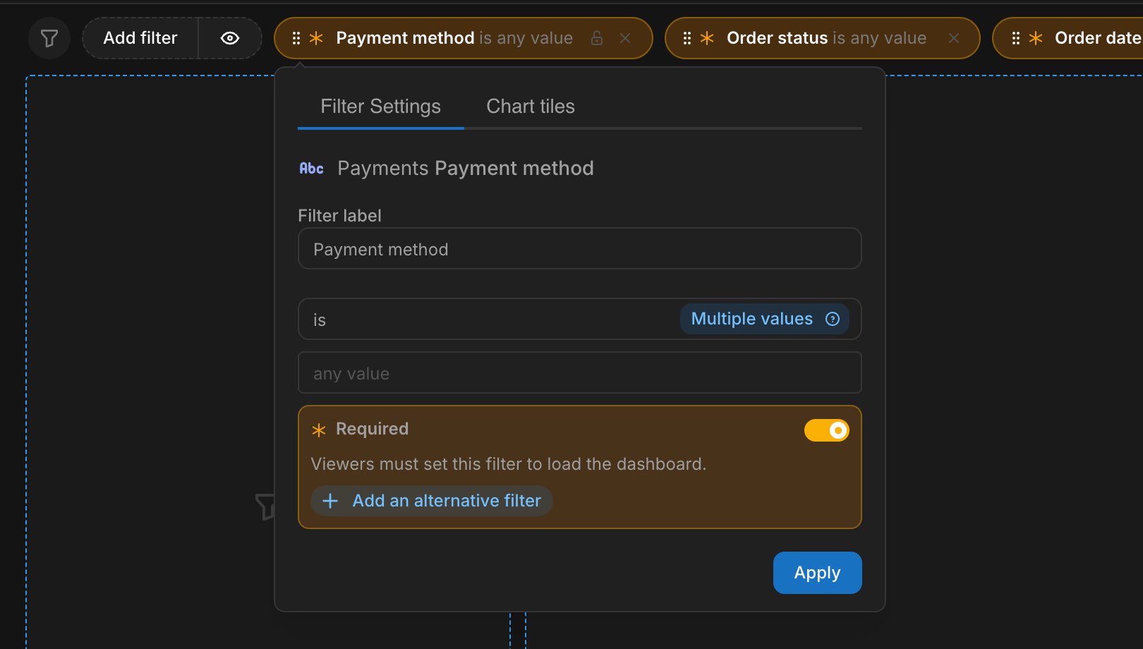 A dashboard filter popover in edit mode with the Required toggle switched on for the Payment method filter