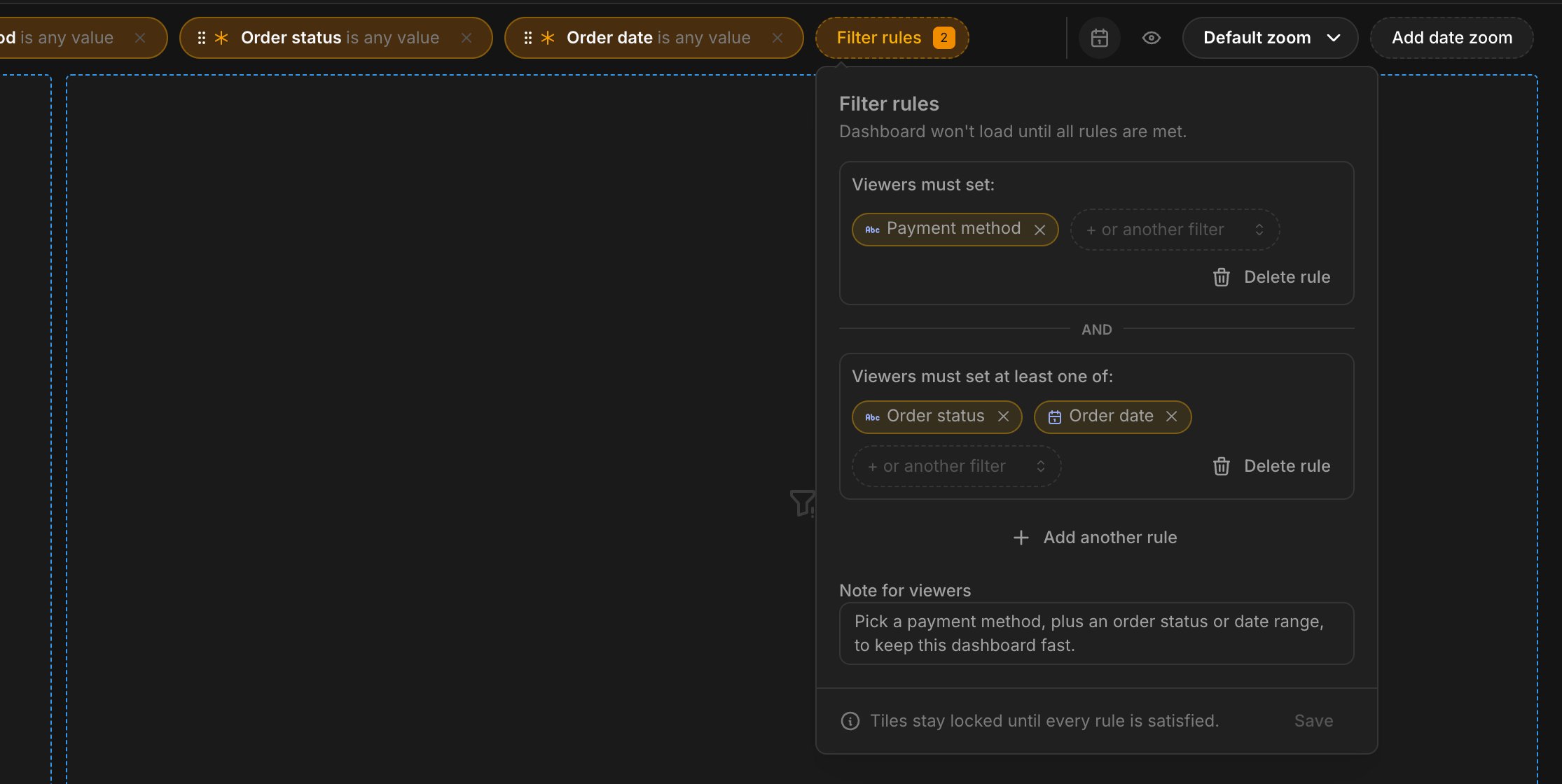 The Filter rules popover on the Sales overview dashboard, showing a required Payment method filter and an at-least-one-of group with Order status and Order date