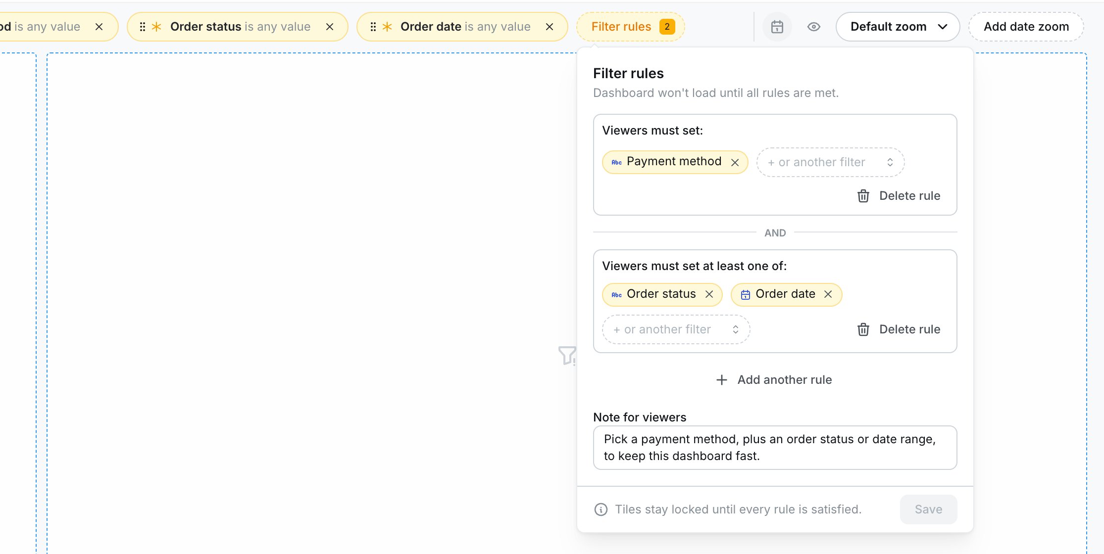 The Filter rules popover on the Sales overview dashboard, showing a required Payment method filter and an at-least-one-of group with Order status and Order date