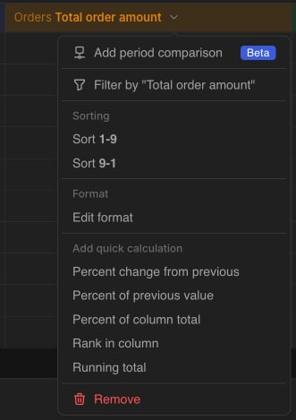 Quick calculation menu on a metric column