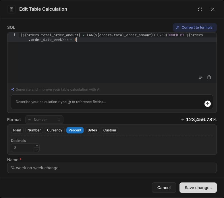 Add table calculation modal with SQL editor and inline format options