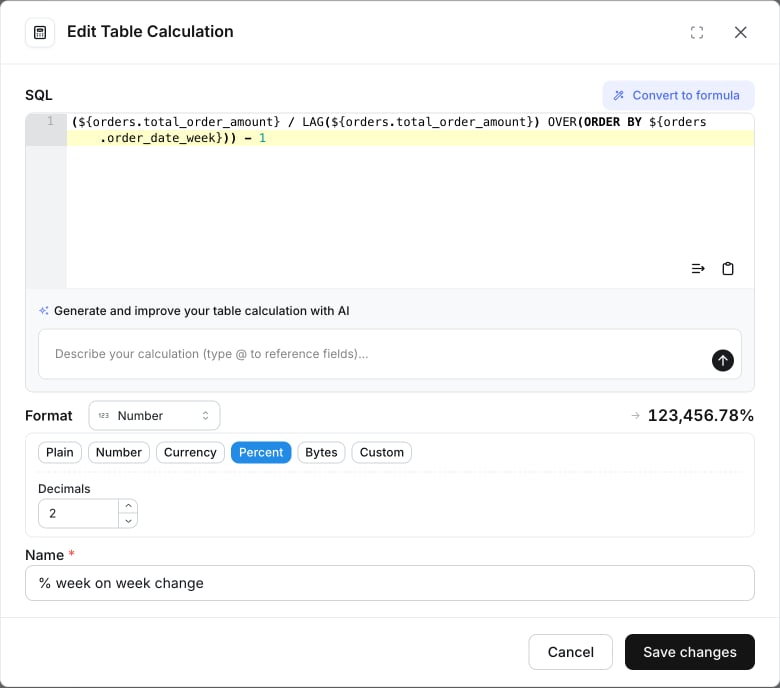 Add table calculation modal with SQL editor and inline format options
